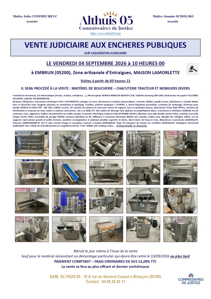 VENTE AUX ENCHERES PUBLIQUES DU 04.09.2026