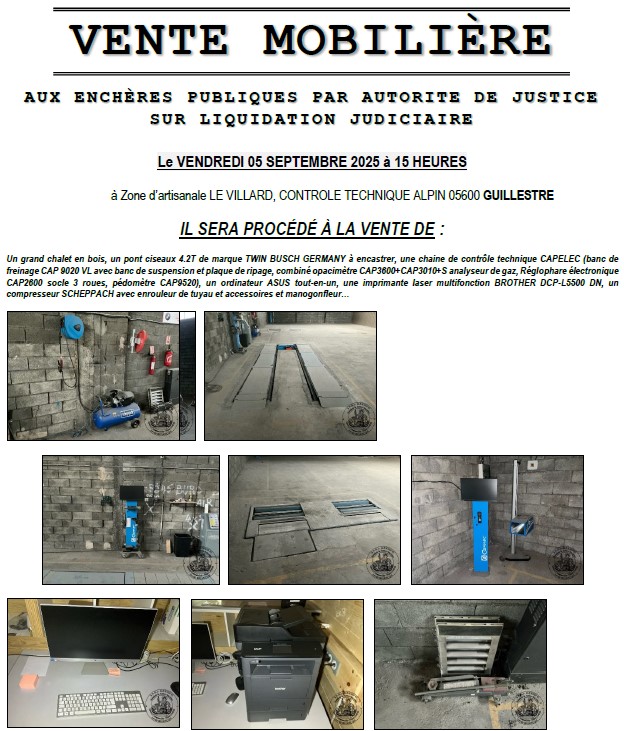 VENTE MOBILIÈRE à LE VILLARD, VENDREDI 05 SEPTEMBRE 2025 à 15 HEURES 