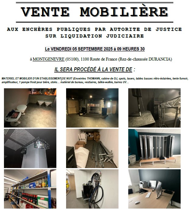 VENTE MOBILIÈRE à MONTGENEVRE, VENDREDI 05 SEPTEMBRE 2025 à 09 HEURES 30